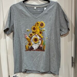 Gray V-Neck T-Shirt with Sunflower Gnome Design